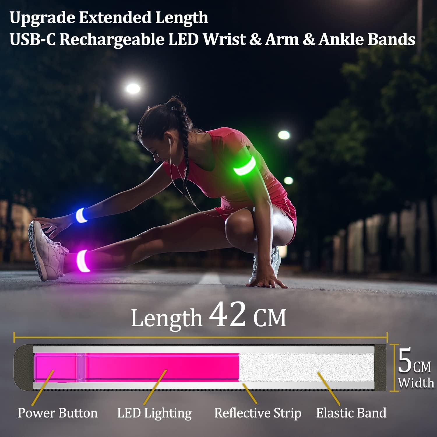 PEAKFIRE 2 Pack USB-C Rechargeable Safety Lights for Runners 360 Reflective  LED Bracelets Armbands Reflectors for Walking at Night Pink(2 Pack)