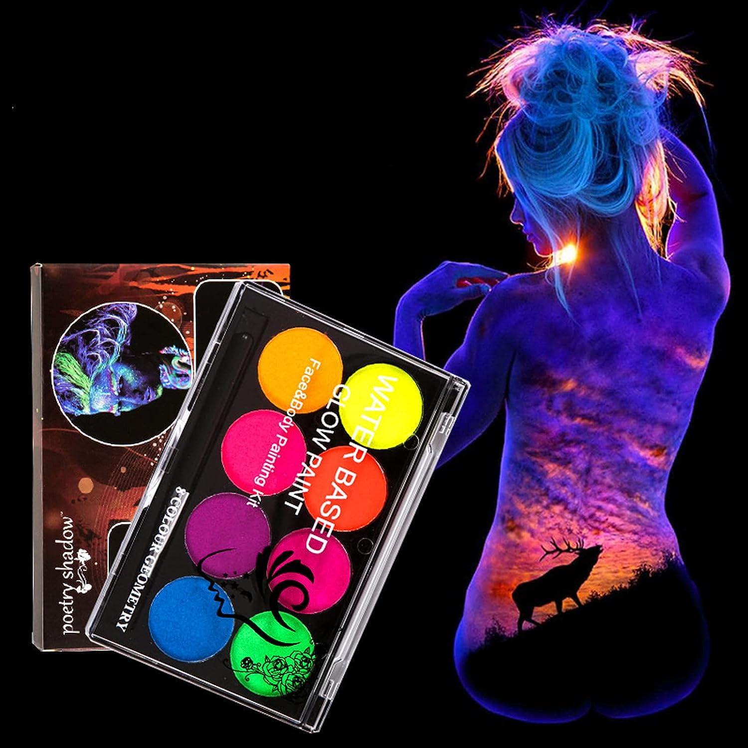 MEICOLY Glow UV Blacklight Face Paint, 8 Bright Colors Neon Fluorescent  Body Painting Palette,Water Activated Eyeliner,Water Based Makeup Glow In  The Dark Halloween Washable for Kids Adult Body Paint 01 Fluorescent Body