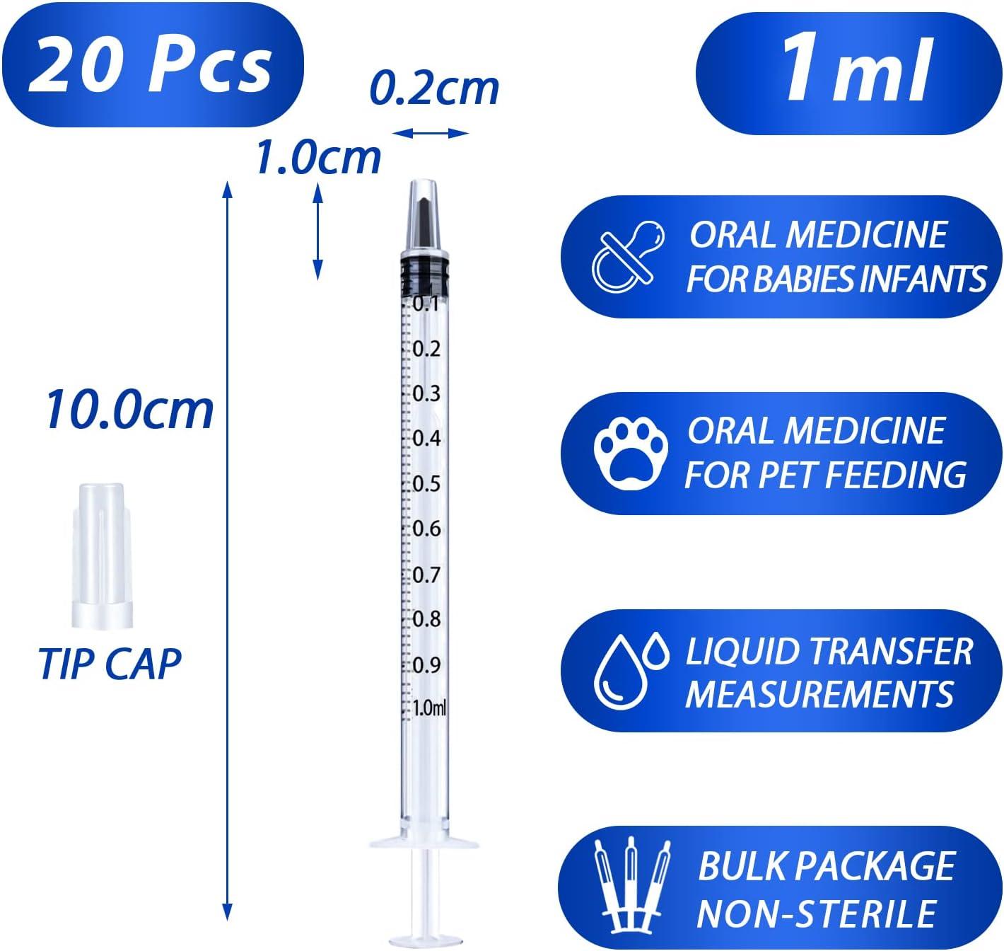 20 Pack 1ml Syringe with Cap for Liquid 1cc Plastic Small Syringes with  Cover Non-Sterile No Needle 1 ML 20 Pack