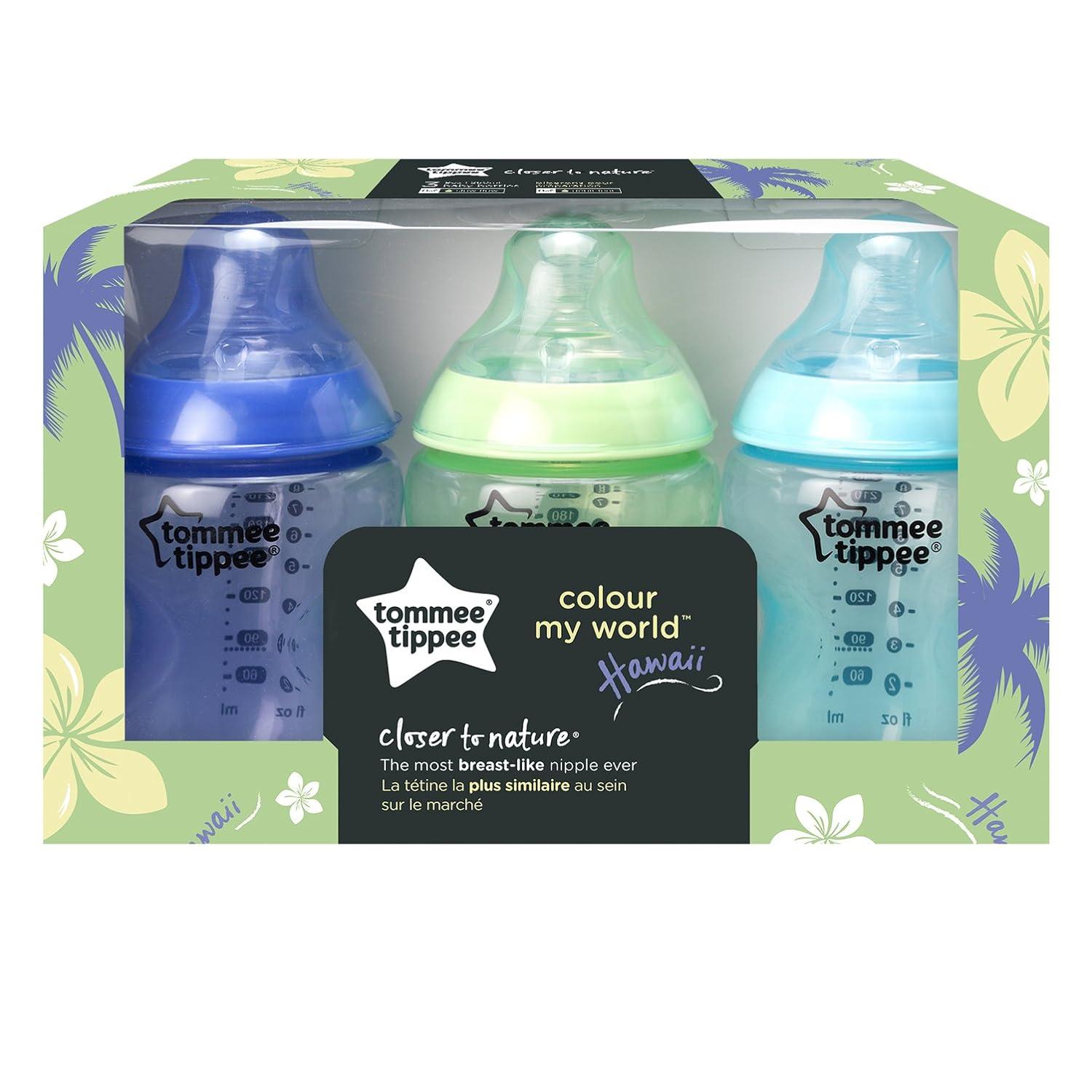 Tommee Tippee Closer to Nature Baby Bottles Slow Flow Breast-Like Nipple  with Anti-Colic Valve 9oz 3 Count Colour My World Pacific - Blue Color My  World Blue