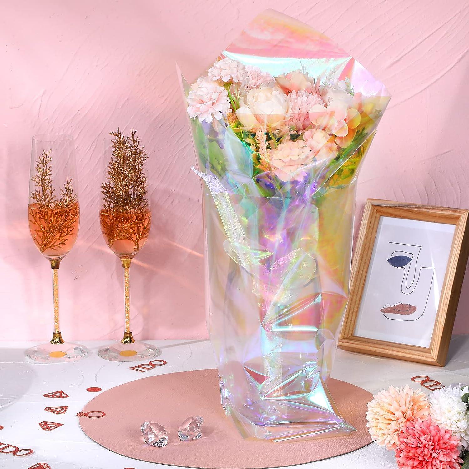 39 x 138 Inch Iridescent Cellophane Wrap for Gift Baskets and 32.8 Feet  Bendable Pink Aluminum Wire, Pink Iridescent Film Paper Holographic 11.5  Feet