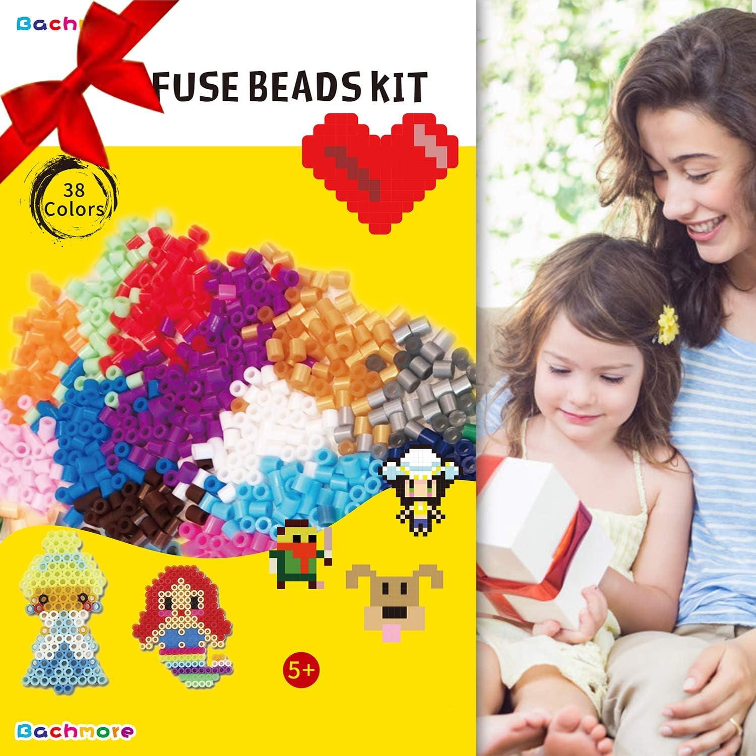 Bachmore Fuse Beads Craft Kit Melty Fusion Colored Beads- 12,000pcs 38  Colors Pearler Craft Sets for Kids Including 7 Pegboards,Booklet Chain