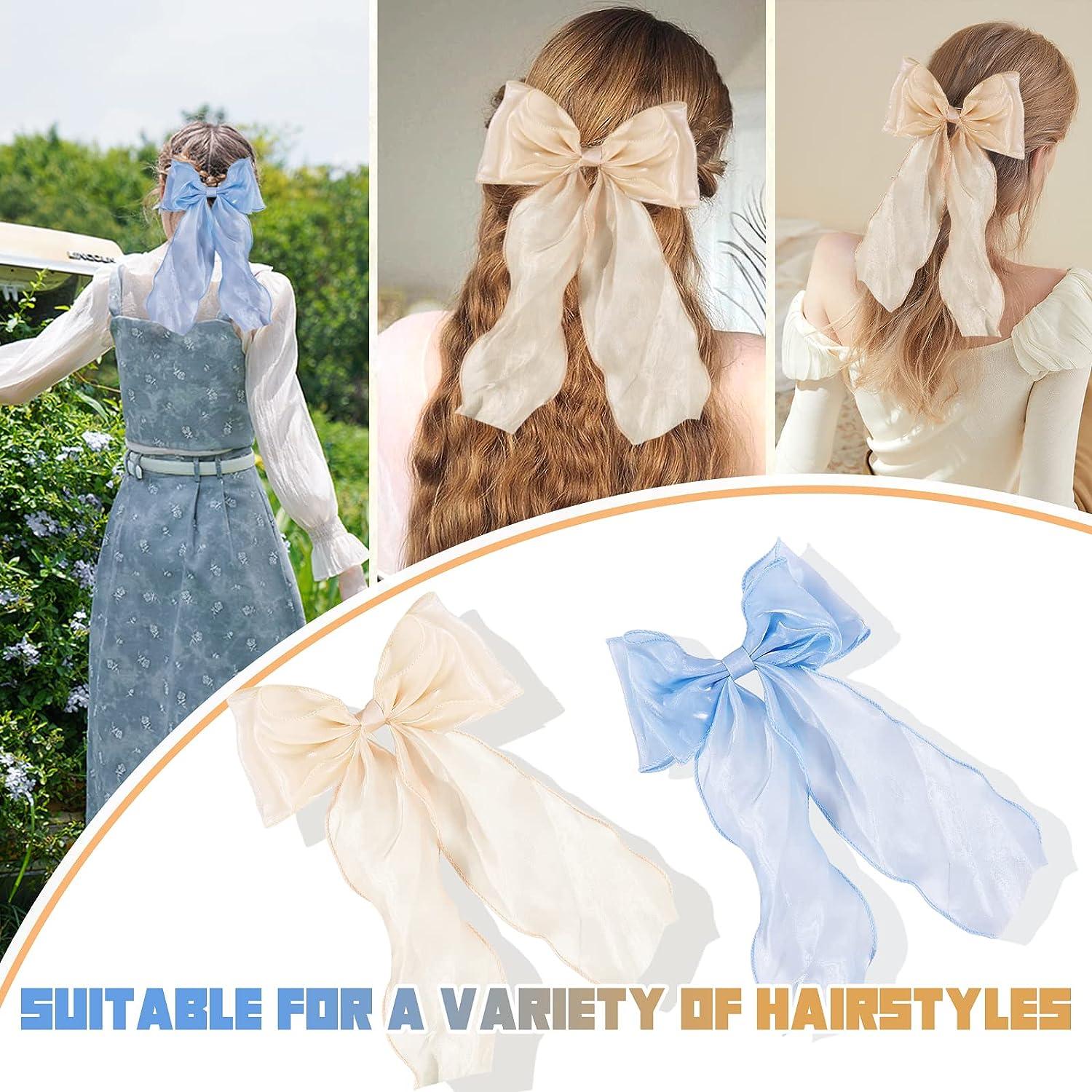 2Pcs Bow Hair Ribbons Soft Fabric Long Tail Design Adorable Dress-up Smooth  Women Girls Hair