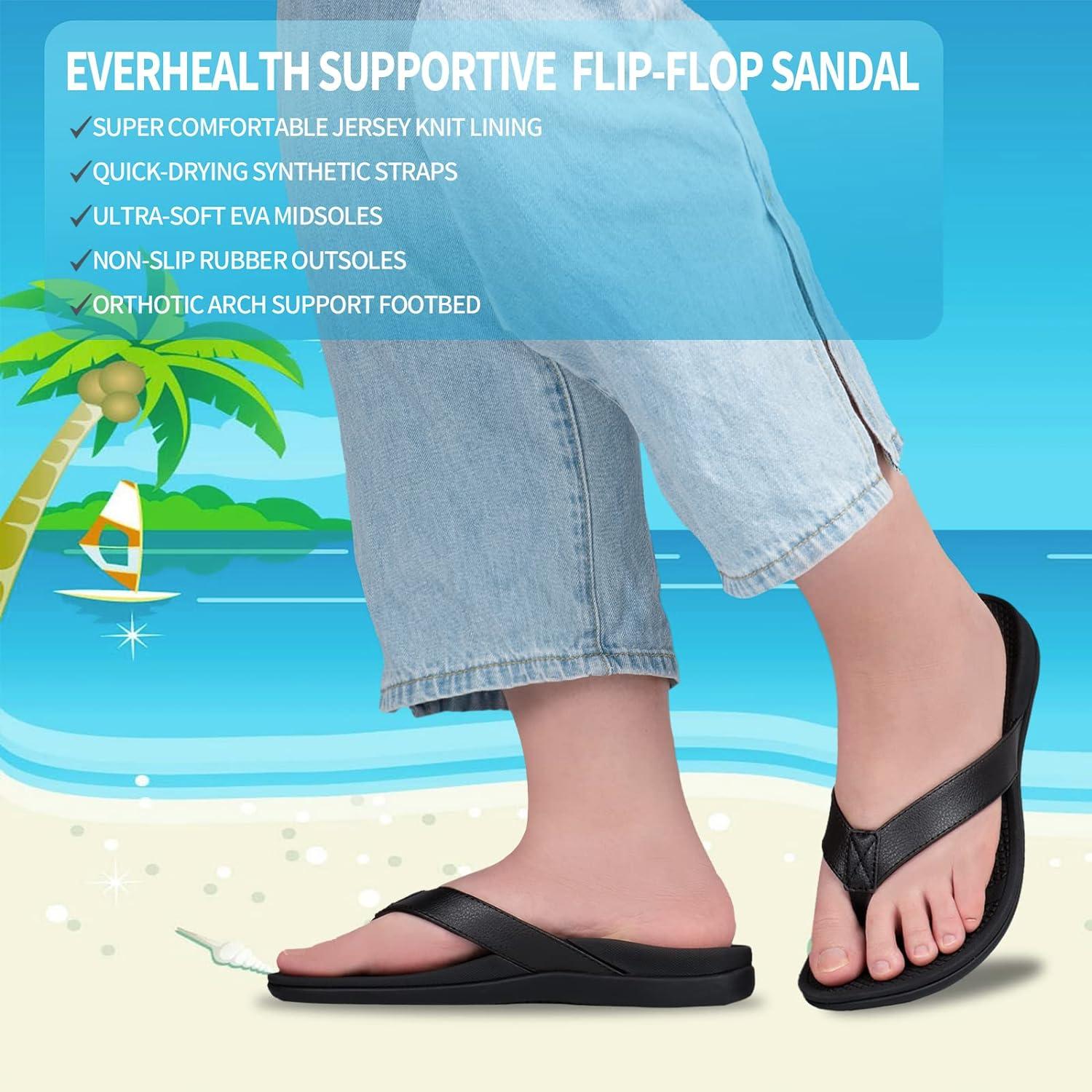 Everhealth Women's Orthotic Flip Flops Arch Support Sandals Plantar  Fasciitis Flat Feet Heel Pain Relief Flip Flop Slides Non-Slip Supportive  Ladies Beach Walking Toe-Post Sandal Color Black 8