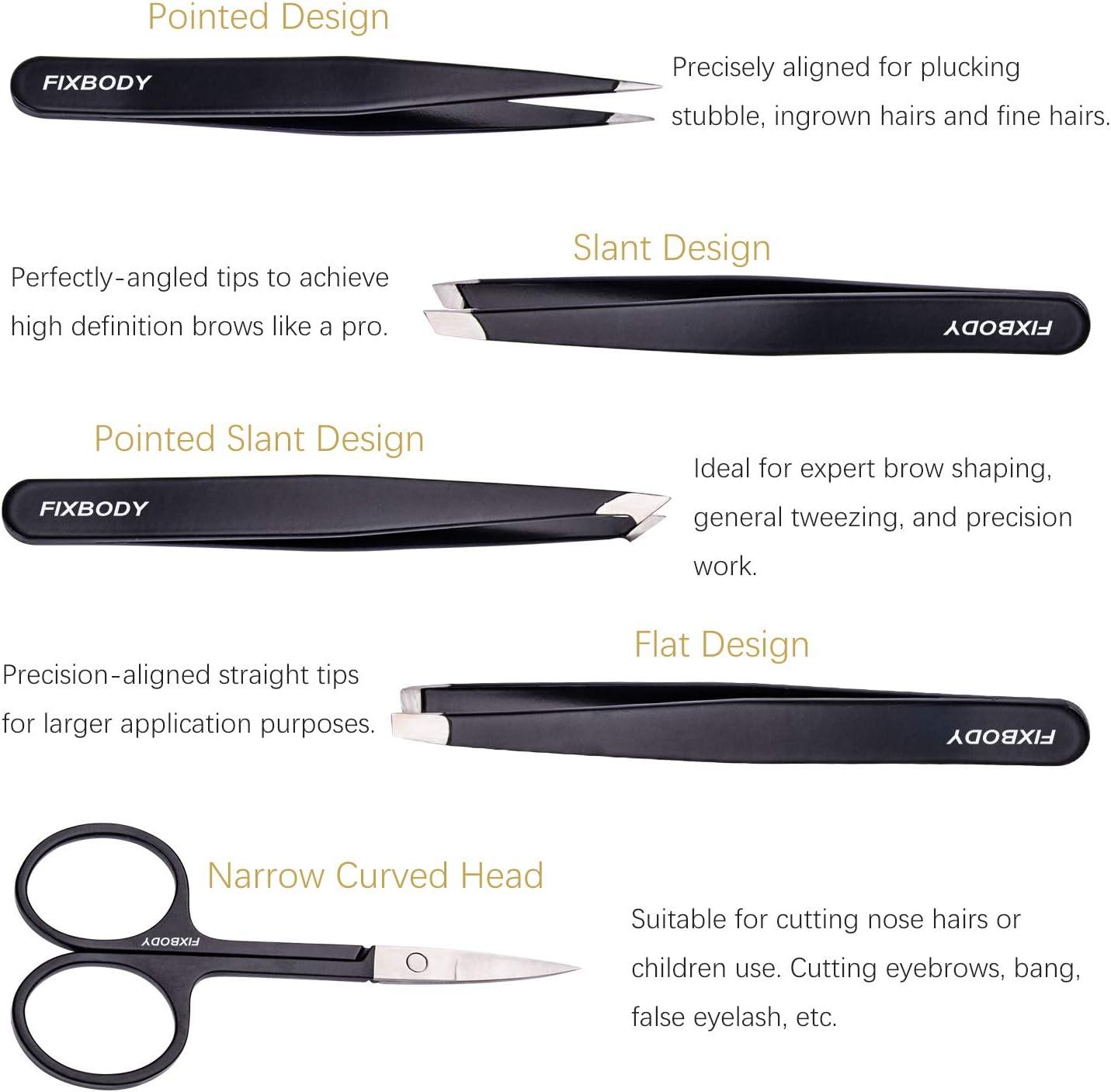 FIXBODY Tweezers Set 5-Piece - Professional Stainless Steel Tweezers with  Curved Scissors Best Precision Tweezer for Eyebrows Splinter & Ingrown Hair  Removal with Leather Travel Case Black