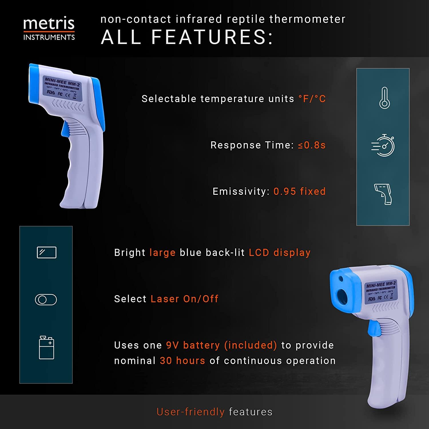 Metris Mini-Mee Digital Non-Contact Digital Infrared Reptile Thermometer,  Laser Temperature Gun with 1-Point Aiming use for Fish Tank, Snake Habitat,  Terrarium Kit Accessories