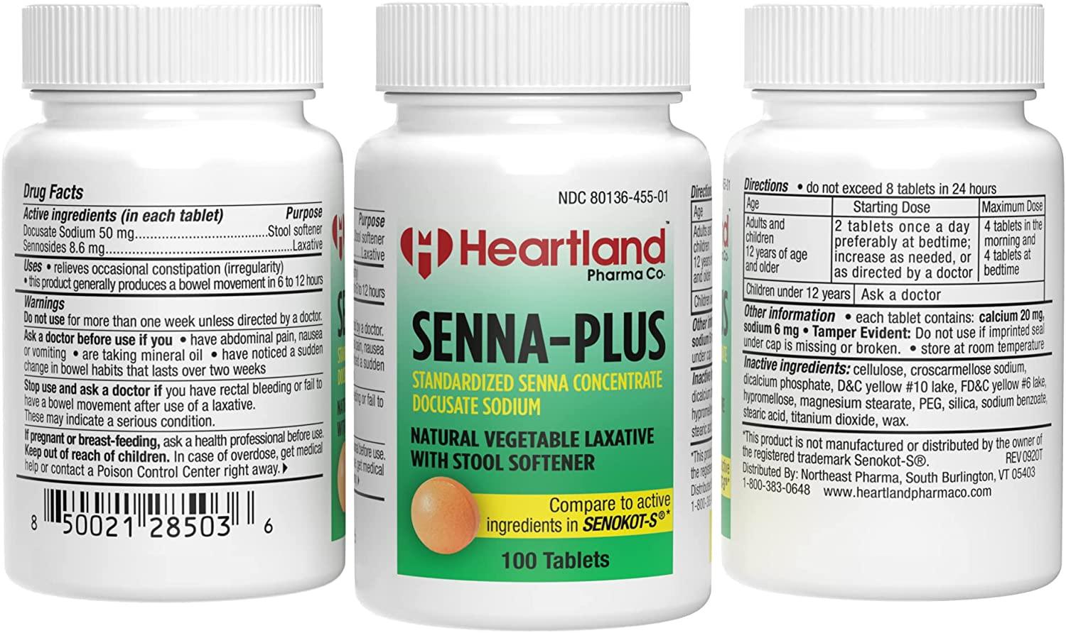 Heartland Pharma Senna Plus Stool Softener Natural Vegetable Laxative Tablet Made In Usa