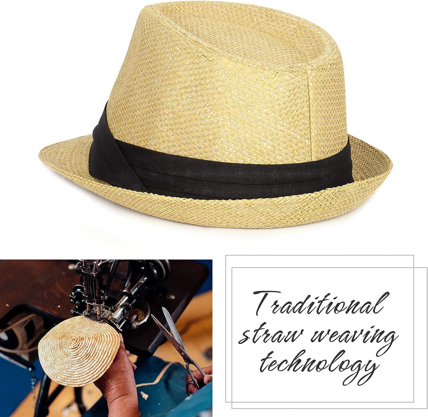FADACHY Summer Straw Fedora Hat Short Brim Panama Sun Hat Trilby Beach Hat  for Men & Women Medium A-khaki-01
