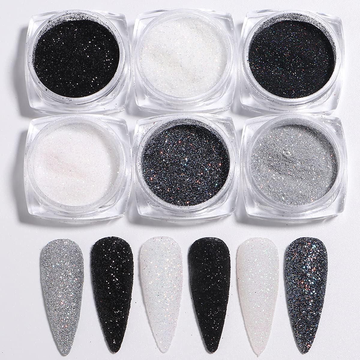 GULELAYAR 6 Color Nail Glitter Powder Black White Nail Dust