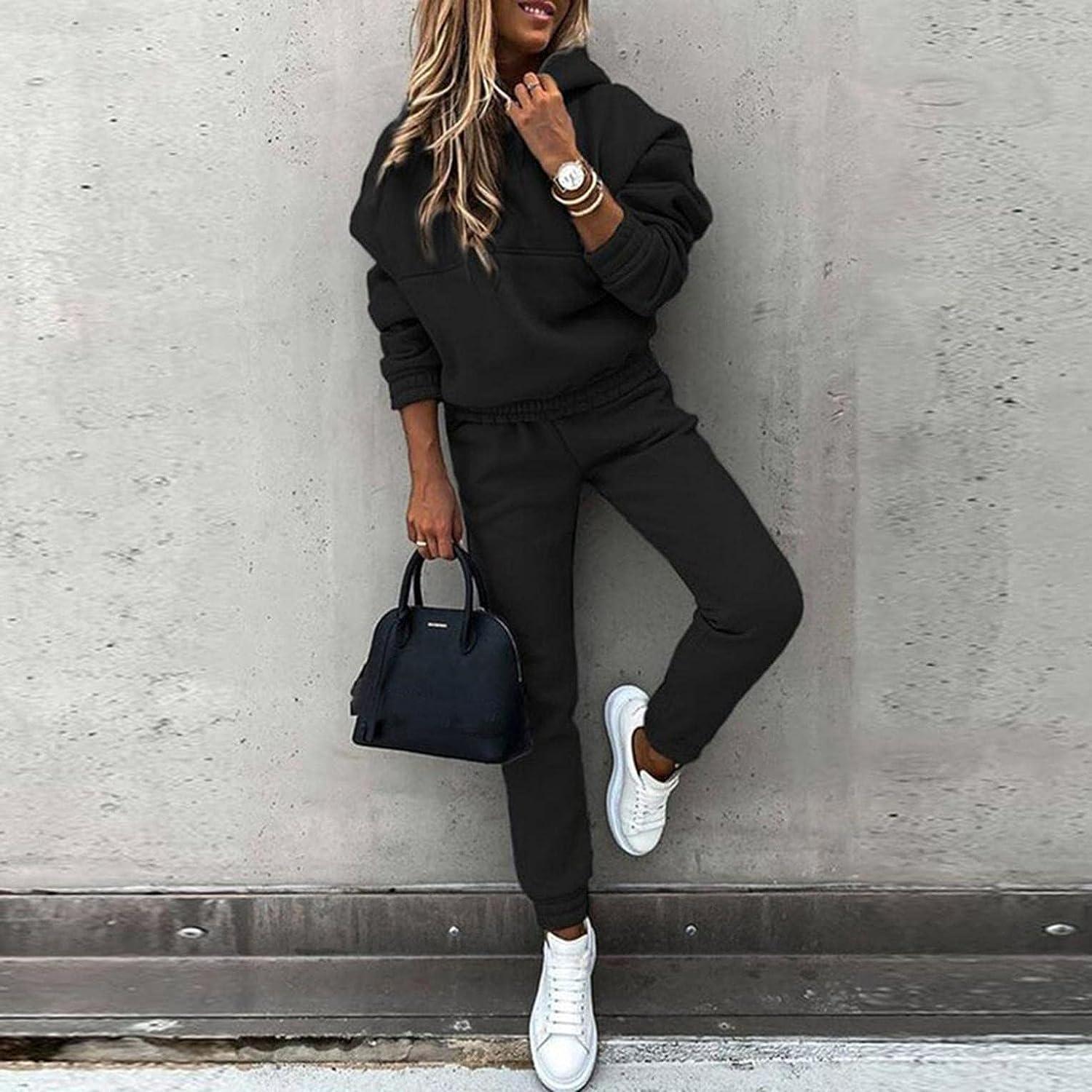 2 Piece Outfits for Women Casual Long Sleeve Pullover Hoodie Jogging Suits  with Long Pants Sweatsuit Tracksuit Set Black Medium