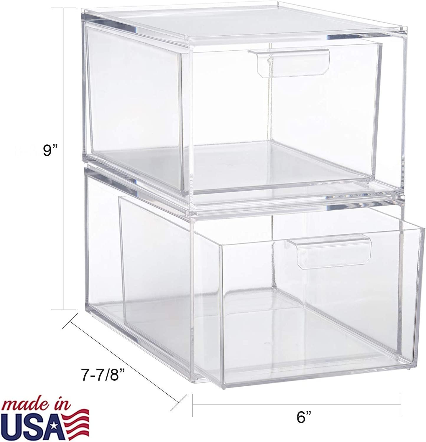  STORi Sofia Plastic Stackable Organizers Drawers (Set of 2)  Clear Drawers for Makeup, 12.5-inches Wide, Set Includes One Open Drawer  & One 3-compartment Drawer