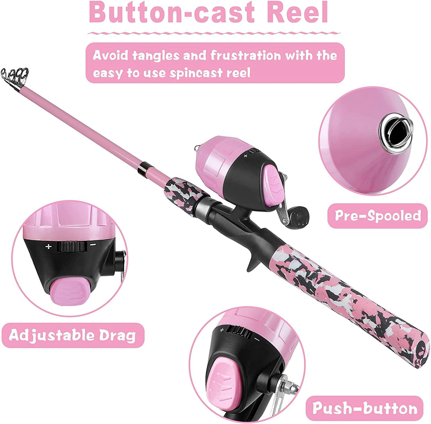 Kids Fishing Pole Pink, Portable Telescopic Fishing Rod and Reel