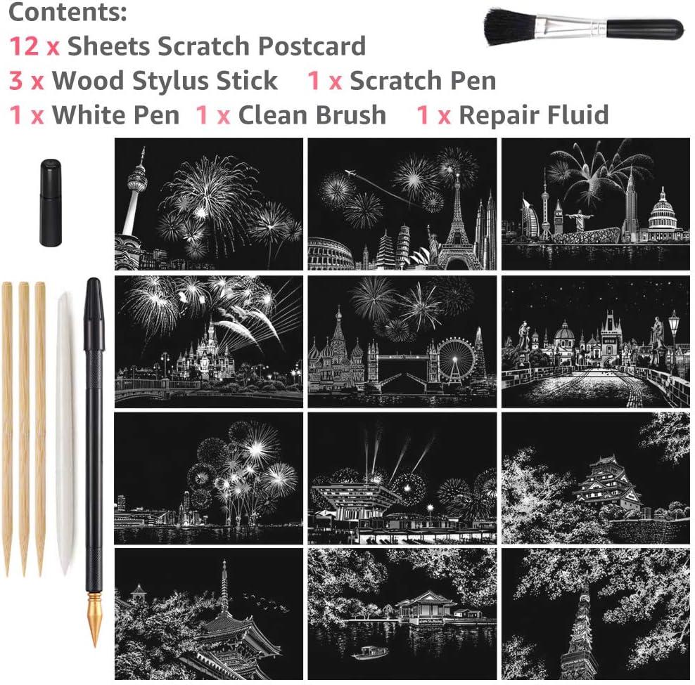 Scratch Art for Kids & Adult, Magic Rainbow Flower Engraving Painting Paper, Landscape Scratchboard(A4) Sketch Beautiful Crafts Set: 8 Sheets with 4