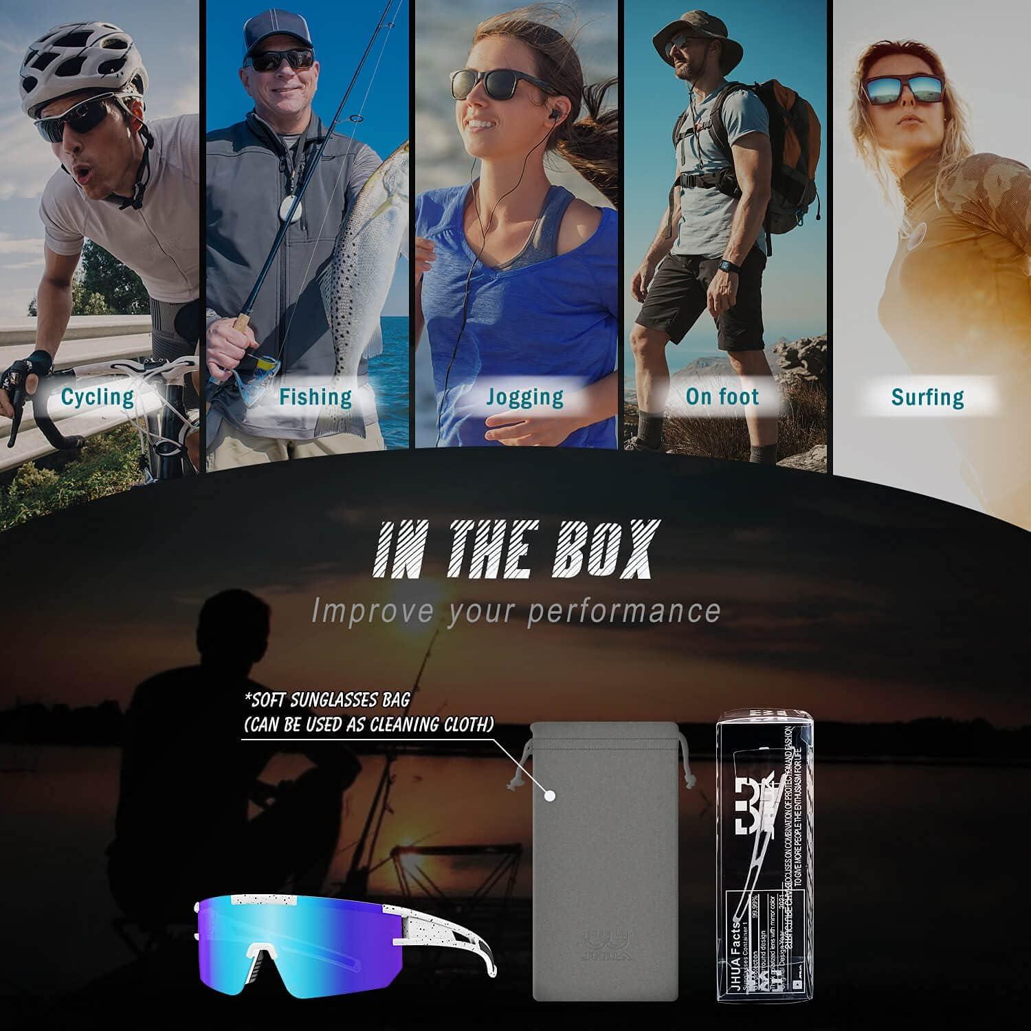 Jhua Polarized Sports Sunglasses for Men Women,Cycling Glasses for Fishing  Running Golf Baseball Driving White&blue Lens