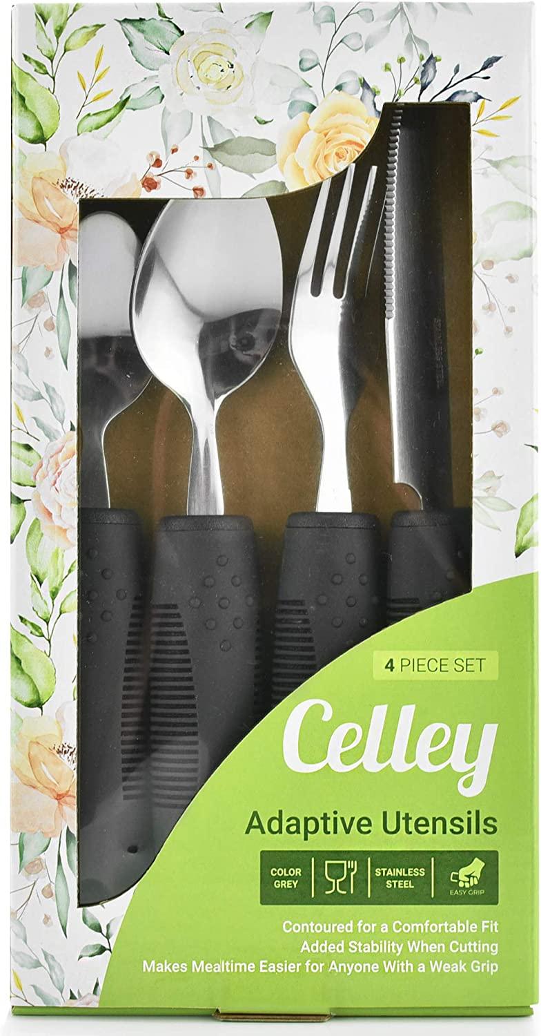 Weighted 7 oz Eating Utensils by Celley, 4pc Stainless Steel Knife Fork  Spoon Set for Tremors and Parkinsons Patients