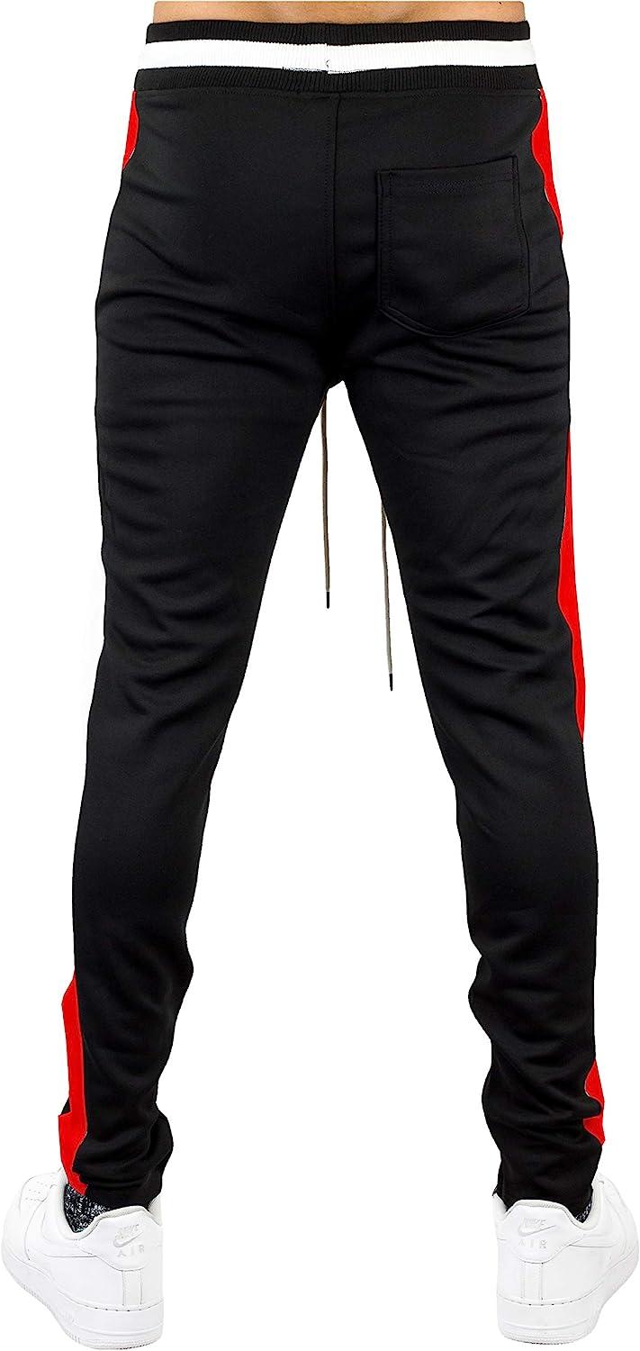 Bleecker and Mercer Mens Hip Hop Activewear Slim Fit Athletic Track Jogger  Pants Side Stripe Taping Zipper Bottom P877- Black/Red Stripe W Flower  Embroidery Large