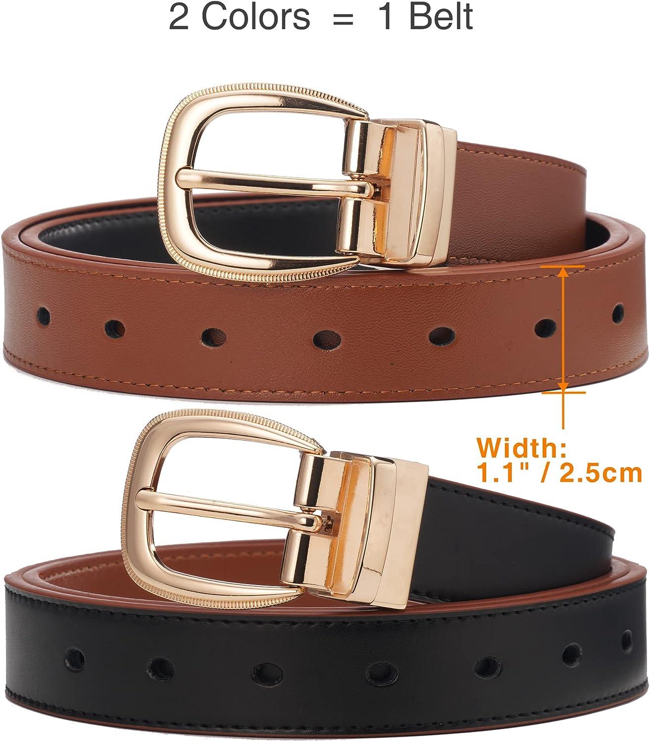 Women Leather Reversible Belt Double O Ring Rotate Buckle Two Side