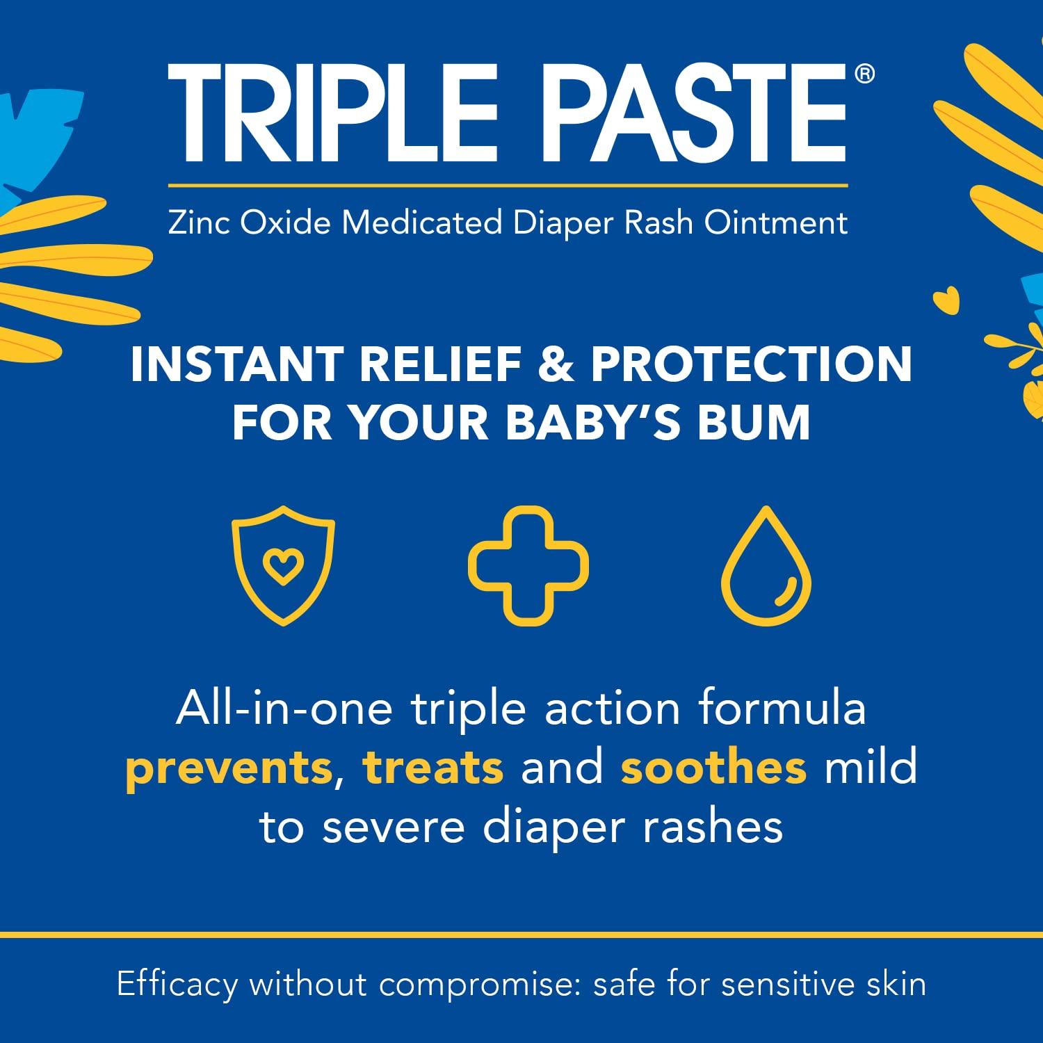 Triple Paste Diaper Rash Cream for Baby - 2 oz Tube - Zinc Oxide Ointment Treats, Soothes and Prevents Diaper Rash - Pediatrician-Recommended