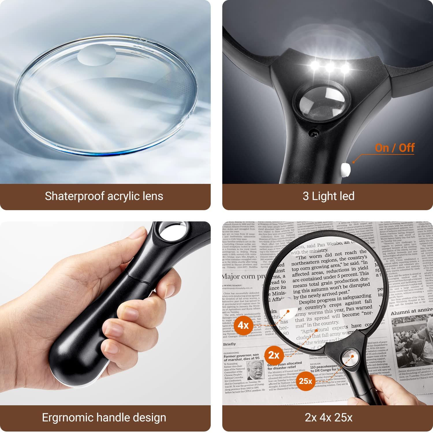 Magnifying Glass with Light, Extra Large Magnifier, 3 Bright LED  Illuminated 2X Magnifying Glass Lens 4X Zoom Lightweight Handheld  Shatterproof
