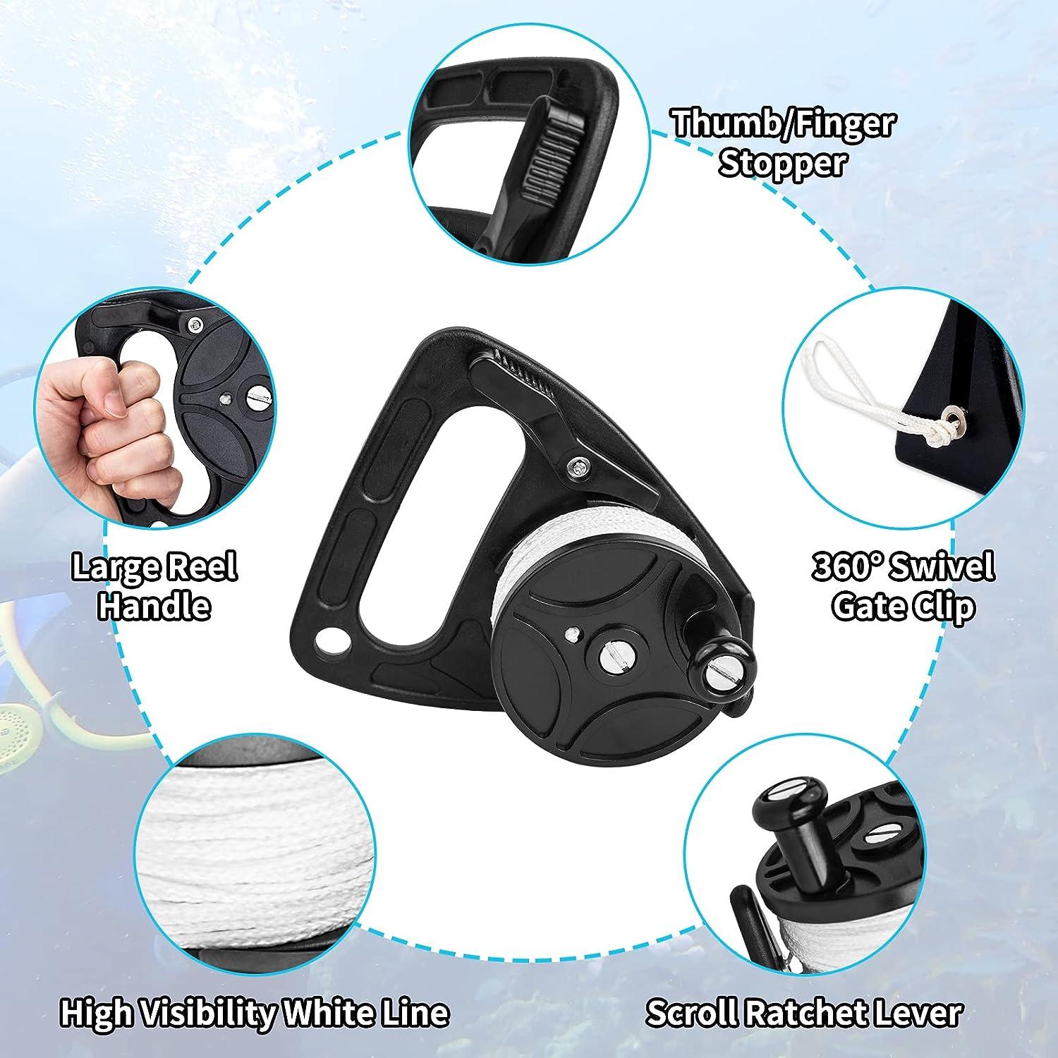 Diving Reel with Thumb Stopper, Heavy Duty 46m/150ft White Line SMB Scuba  Ratchet Dive Reel with Handle Stop Switch for for Cave, Wreck,Drift  Diving,Kayak Anchorand More Underwater Activities Black