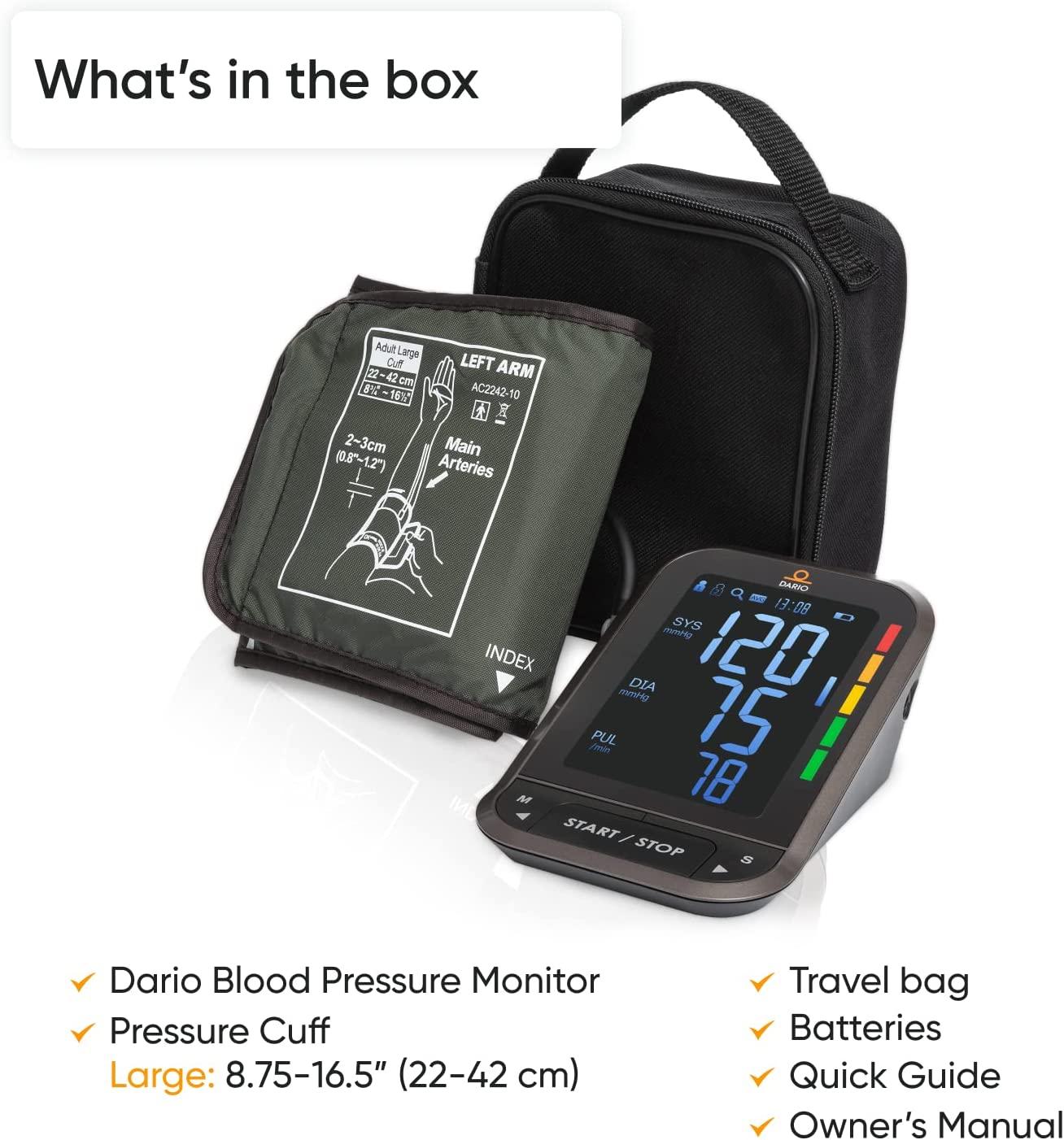 DARIO Blood Pressure Monitor  Accurate BP Machine with Adjustable Cuff  (8.75-16.5in) & Carry Case - Unlimited Readings via Bluetooth App