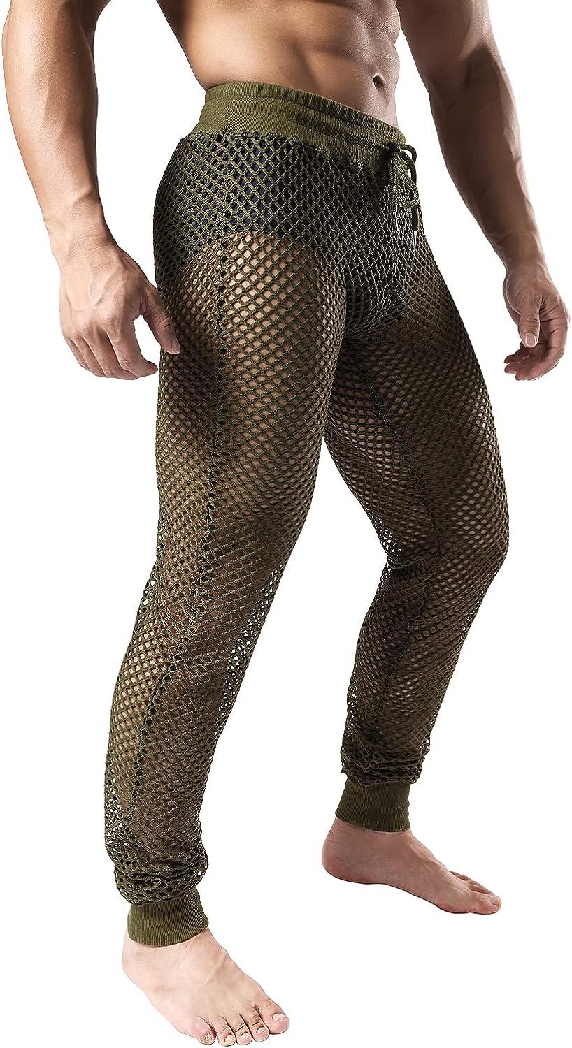JOGAL Men's Mesh Fishnet See Through Pants Stretchy Muscle Leggings