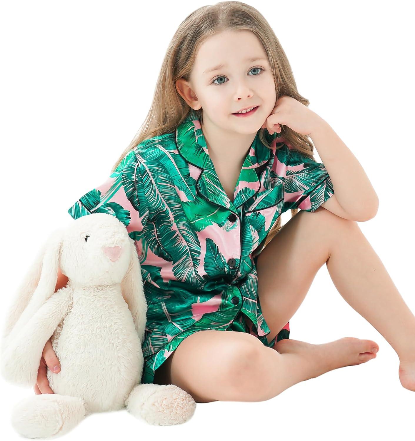 SWOMOG Kids Girls Silk Satin Pajamas Sets Short Sleeve Button Down Sleepwear  with Cute Ruffle Trim Silky PJs Teens Size 4-16(Pink) - SWOMOG Deals