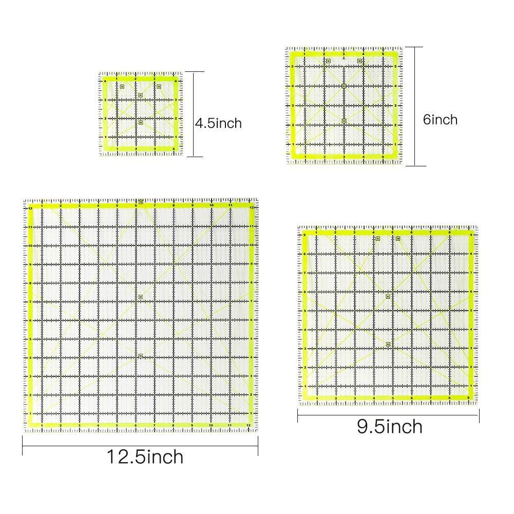 UOOU 4 Pack Quilting Ruler, Square Quilting Rulers Fabric Cutting Ruler  Acrylic Quilters Rulers Clear Mark with Non Slip Rings for Quilting and  Sewing(4.5X4.5, 6X6, 9.5X9.5, 12.5X12.5) – Mayboos
