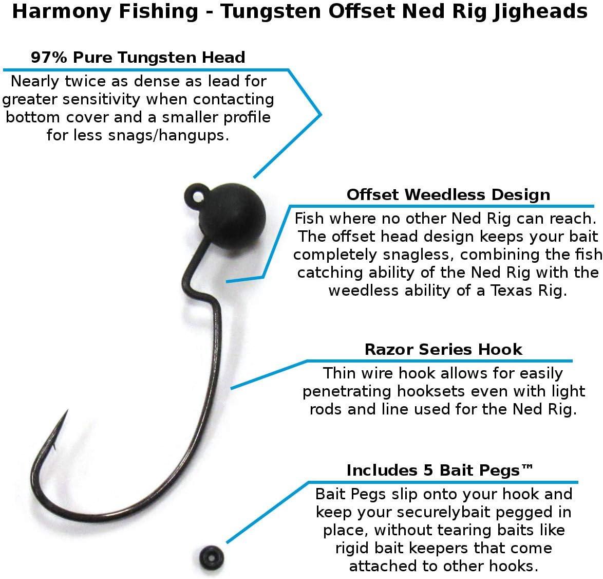 Harmony Fishing - Tungsten Offset Weedless Ned Rig Jigheads (5 Pack) 1/8oz  (5 Pack)