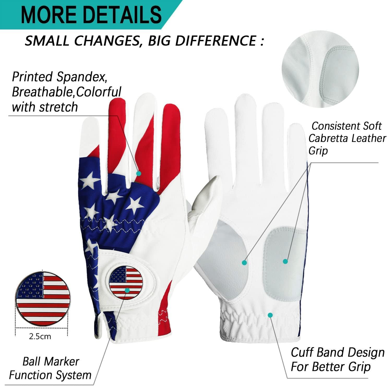 Golf Gloves Men Ball Marker Leather Premium Weathersof Grip Soft Left Hand  Right