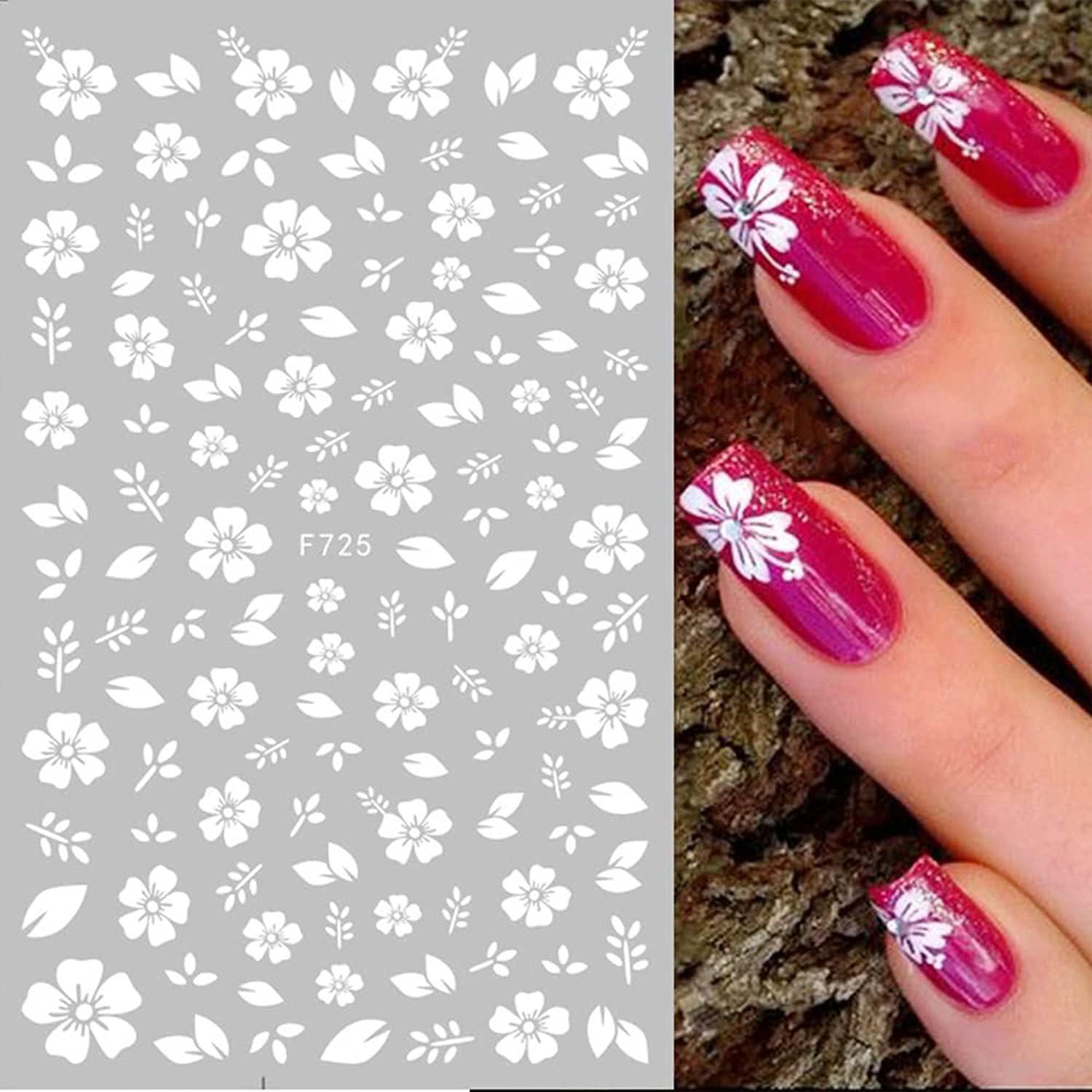 Hautn White Nail Stickers Flower Nail Art Stickers, 4 Sheets White Cherry Blossom Nail Decals 3D Self-Adhesive Nail Art Supplies Manicure Tips Accessories
