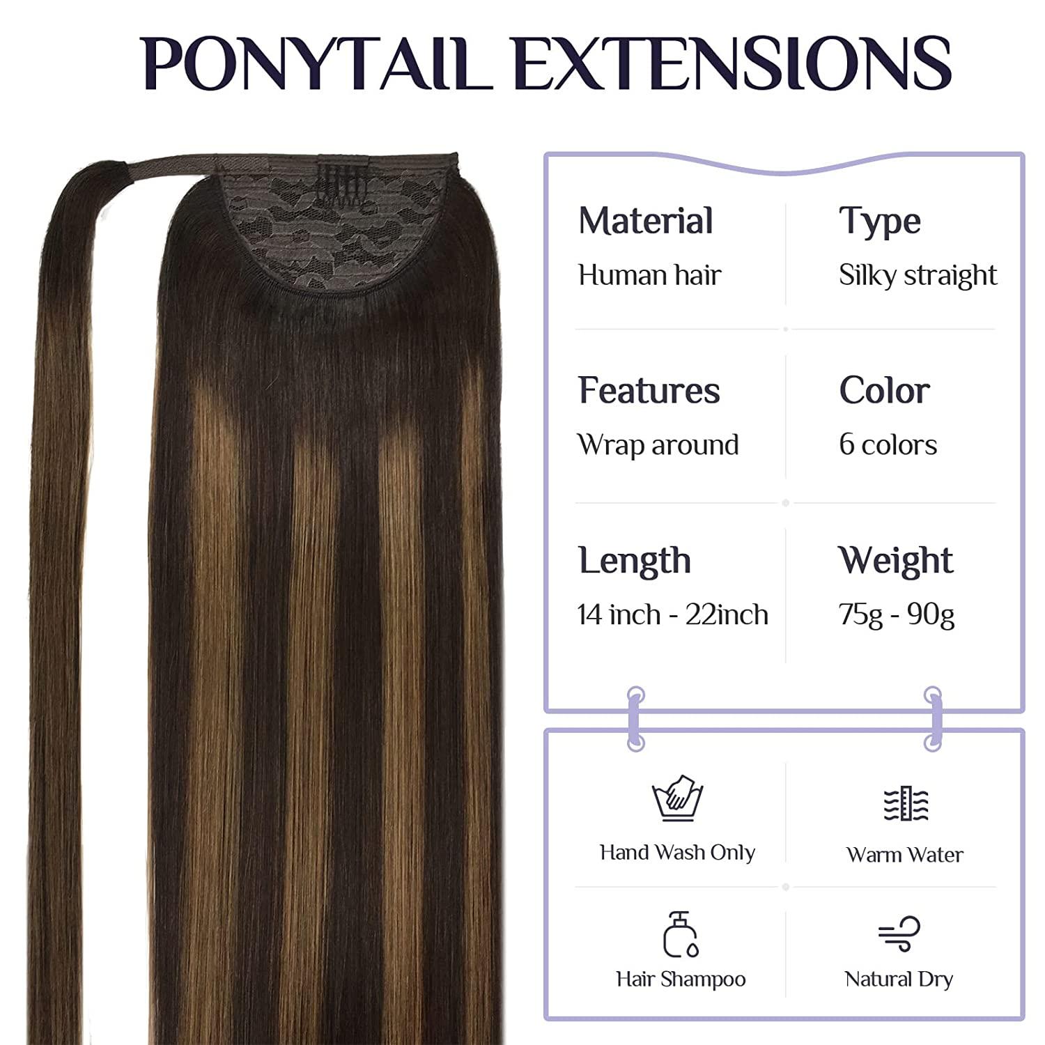 Human Hair Ponytail Extension Balayage Dark Brown to Chestnut Brown 14 Inch  75g DOORES Clip in Hair Extensions Real Human Hair Ponytail Hair Piece  Straight Invisible Magic Paste Heat Resistant 14 Inch #