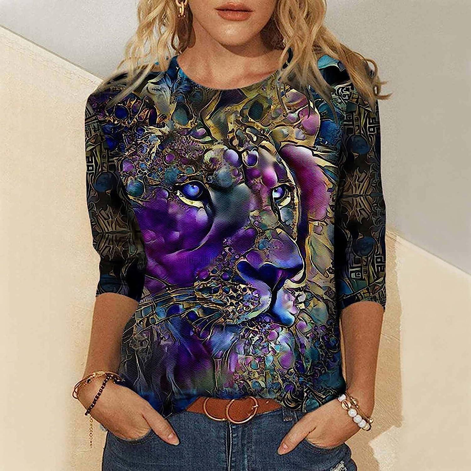 Summer Women's Clothing Elegant Casual Printed Spliced Solid Color Tops  Vintage Loose O-Neck Female 3/4 Sleeve Chiffon T-shirt