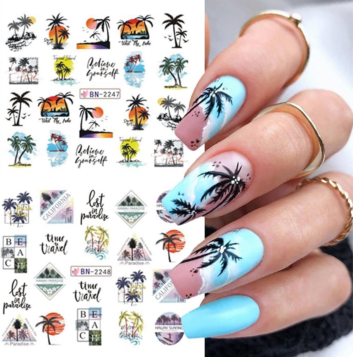 Summer Palm Tree Nail Art Stickers, Water Transfer Coconut Tree Nail Decals  for Nail Art, Tropical Style Ocean Beach Nail Design Sticker for DIY Nails