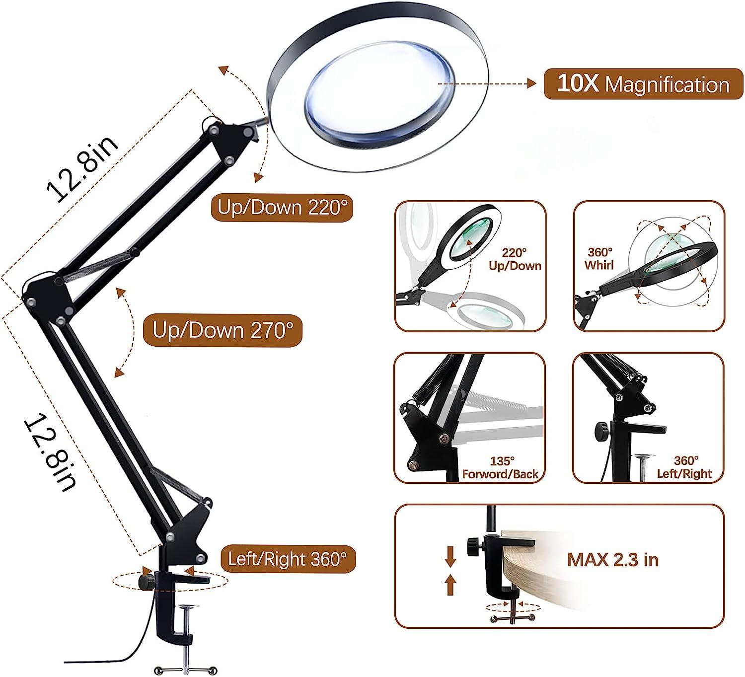5X & 10X Magnifying Glass with Light and Stand, 2-In-1 Stepless Dimmable  and 3