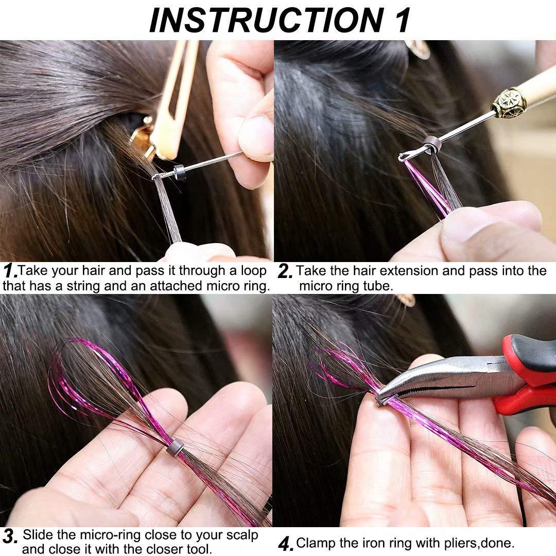 Hair Extension Tinsel Kit Glitter 200pcs Rings Beads Multi-color