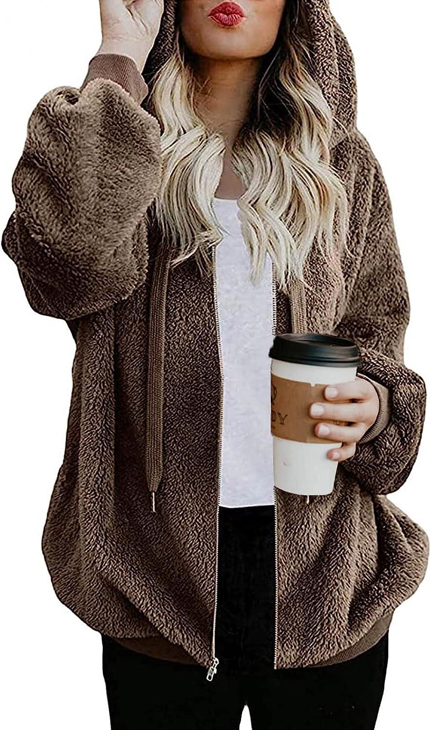 Winter Coats for Women Warm Plush Zip Up Drawstring Hoodies Long