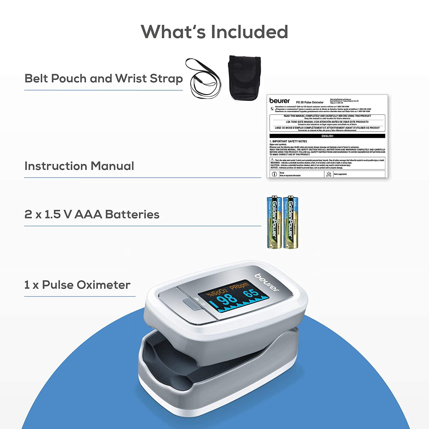 Beurer PO30 Fingertip Pulse Oximeter with 4 Color Display Formats, Lanyard,  Protective Storage Bag, and Batteries – Blood Oxygen Saturation Monitor