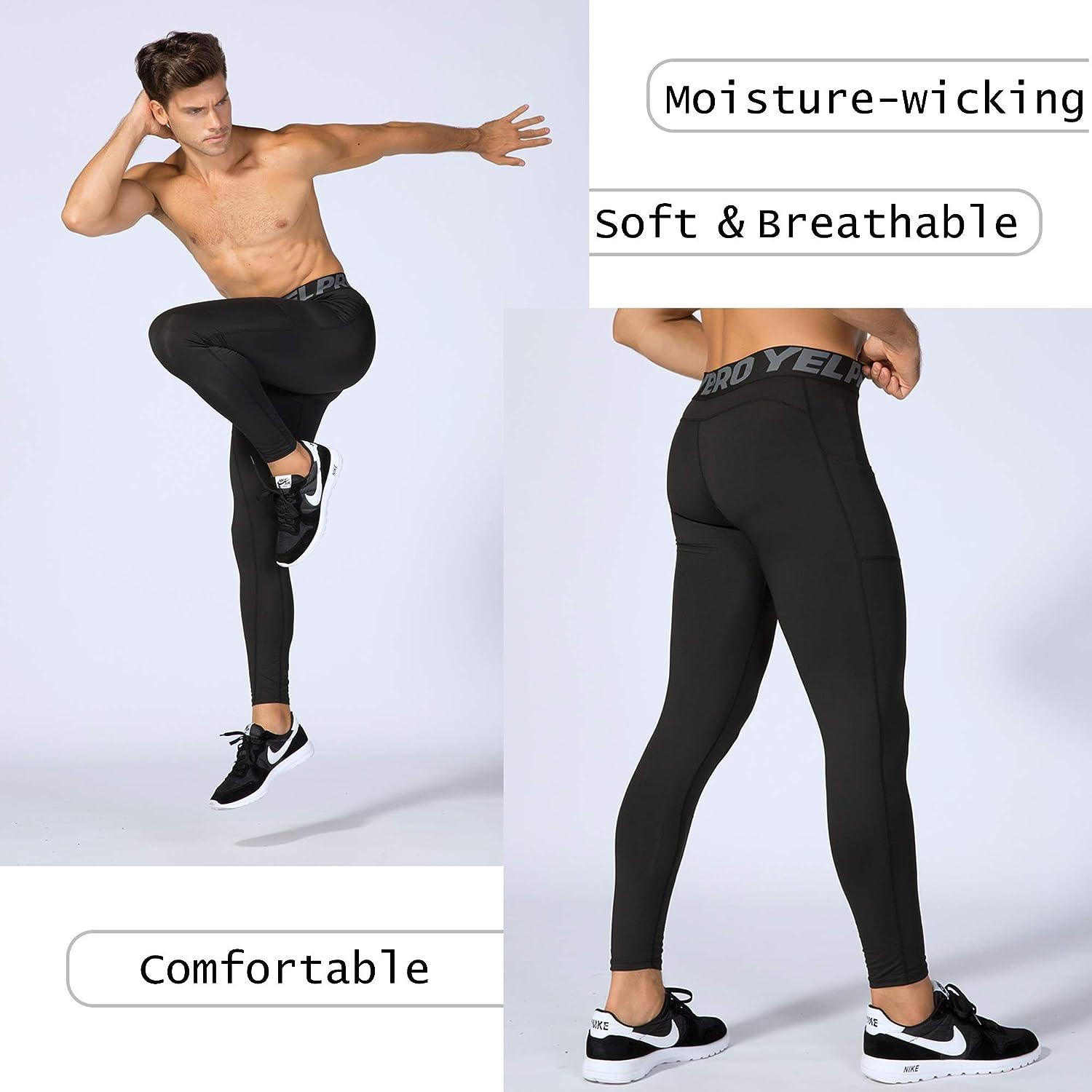 Compression Pants Men with Pocket Athletic Running Tights Cool Dry Workout  Leggings for Sports Medium #290-black+gray