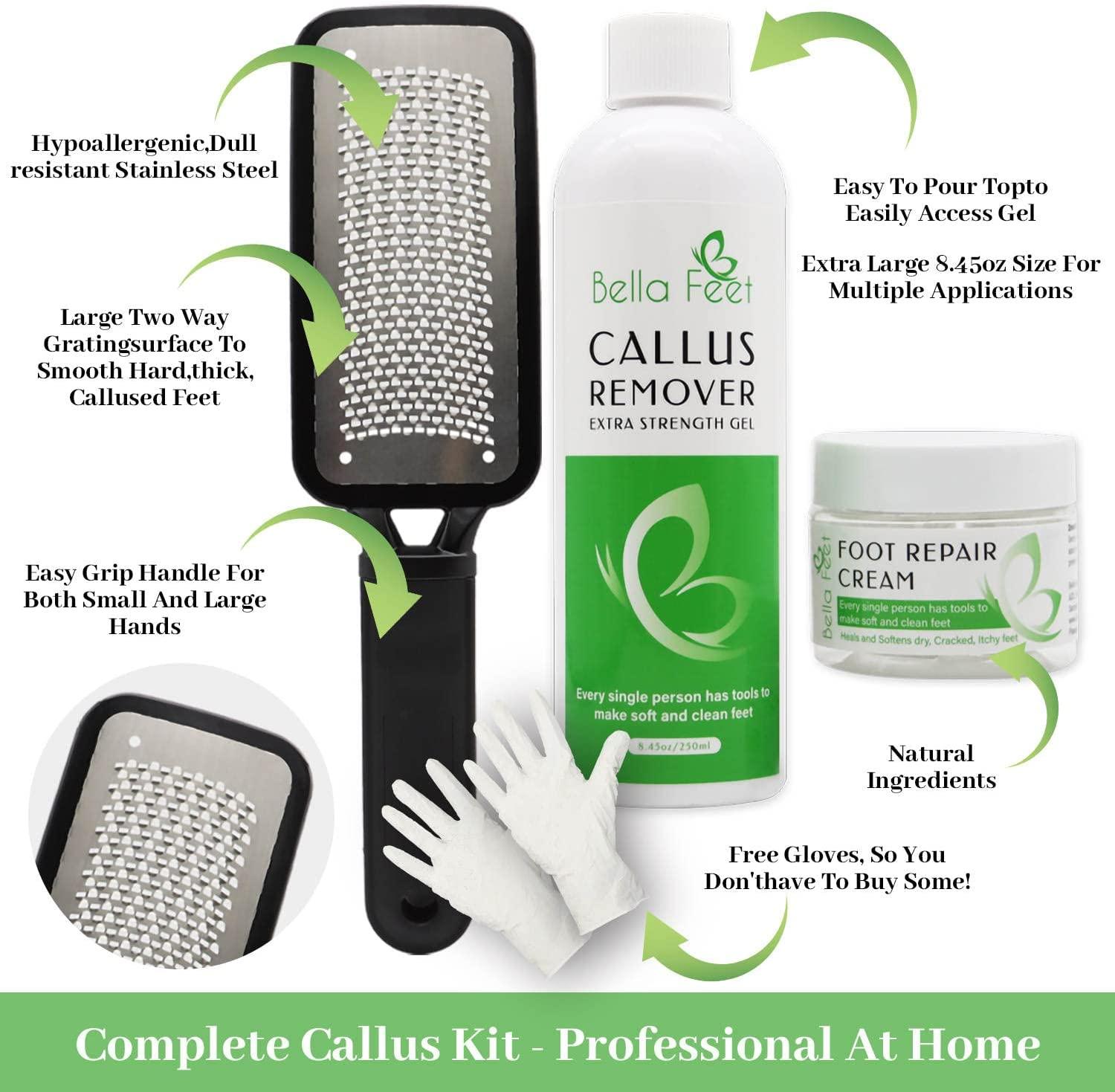 Bella Feet Callus Remover Kit Extra-Strength Callus Remover Gel with Foot  Scrubber, Gloves, Foot Repair Cream Professional Callus Remover for Feet  for Dry Cracked Heels 8.45oz 50ml