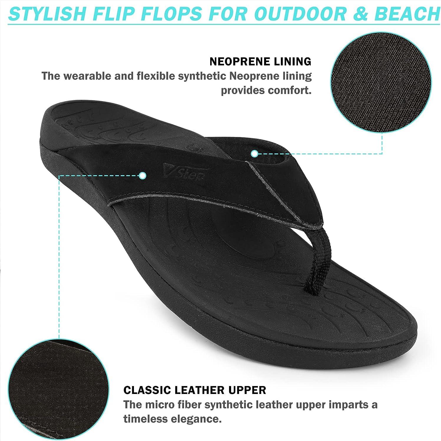 V.Step Orthotic Flip Flops with Arch Support for Men Women Plantar  Fasciitis Sandals Orthopedic Leather Thong Flipflops Black M5/W7 7 Wide  Women/5 Wide Men Black
