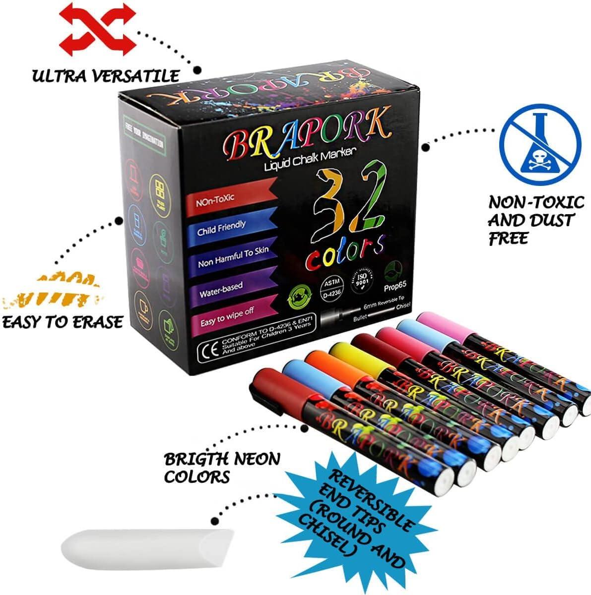 Brapork Liquid Chalk Markers Pack of 32 Color - For Chalkboard Signs,  Blackboards, Glass, Windows, Car Doodle 32-Colors