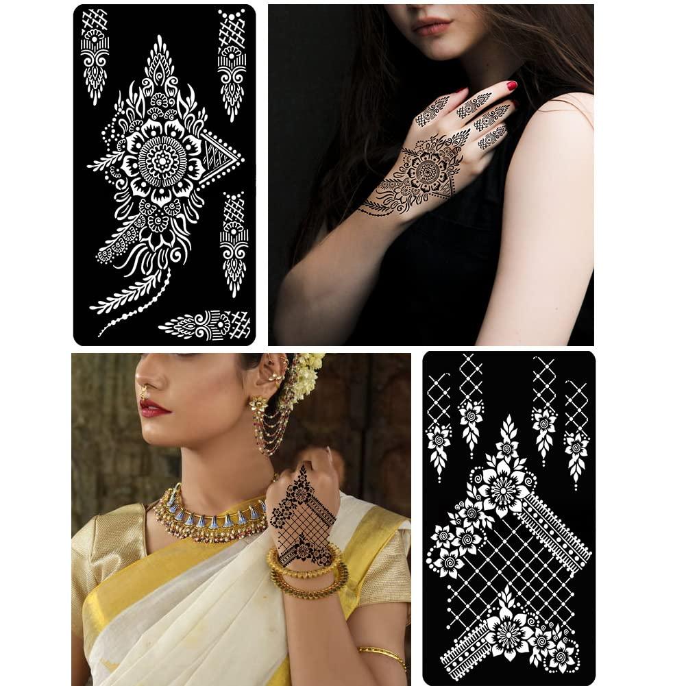 QSTOHENA 12 Sheets Large Henna Tattoo Stencils Kit,Reusable Self Adhesive  Tattoo Template For Women Girls Hand Body Paint Indian Arabian Tattoo