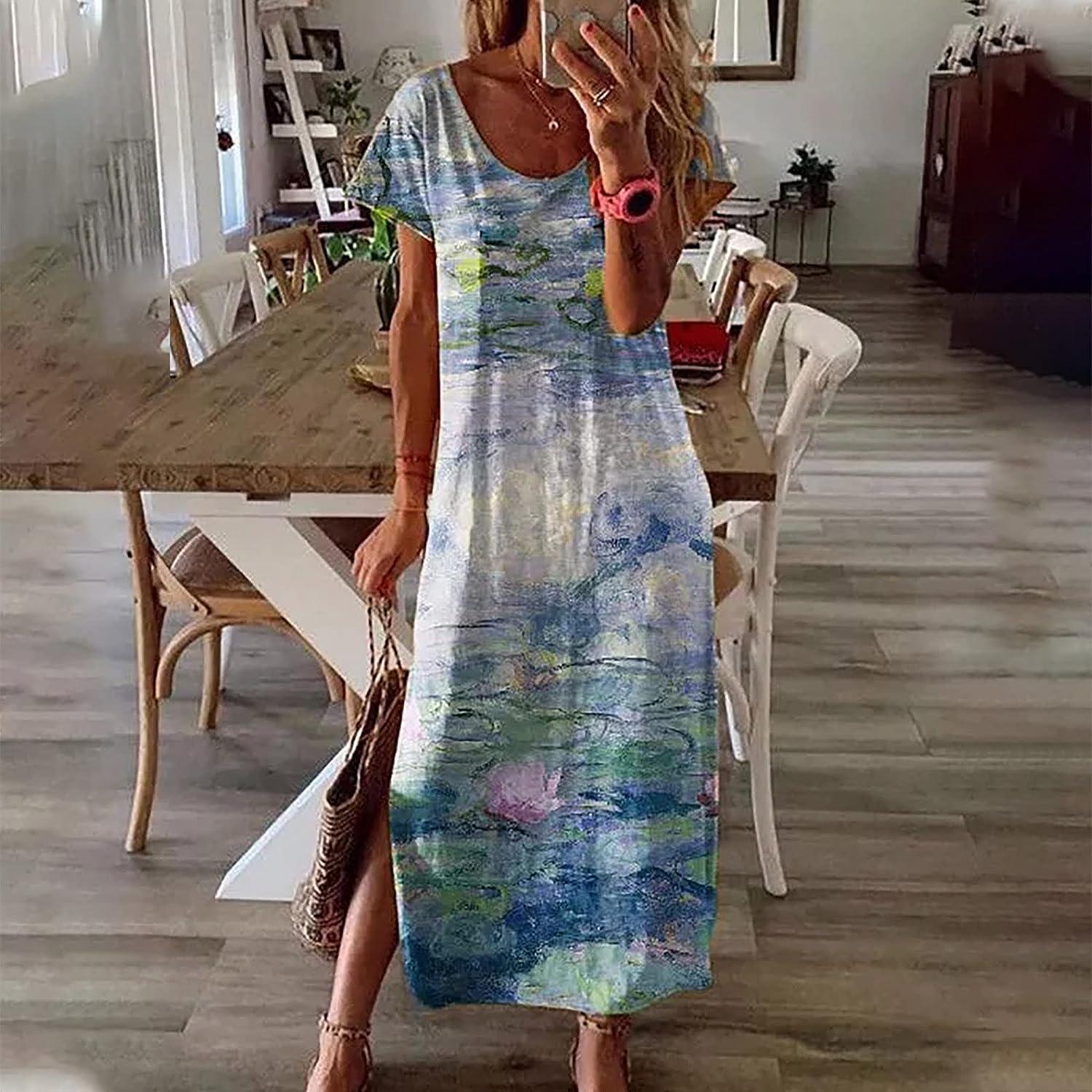 Vintage Floral Summer Casual Maxi Dress for Women Beach Vacation