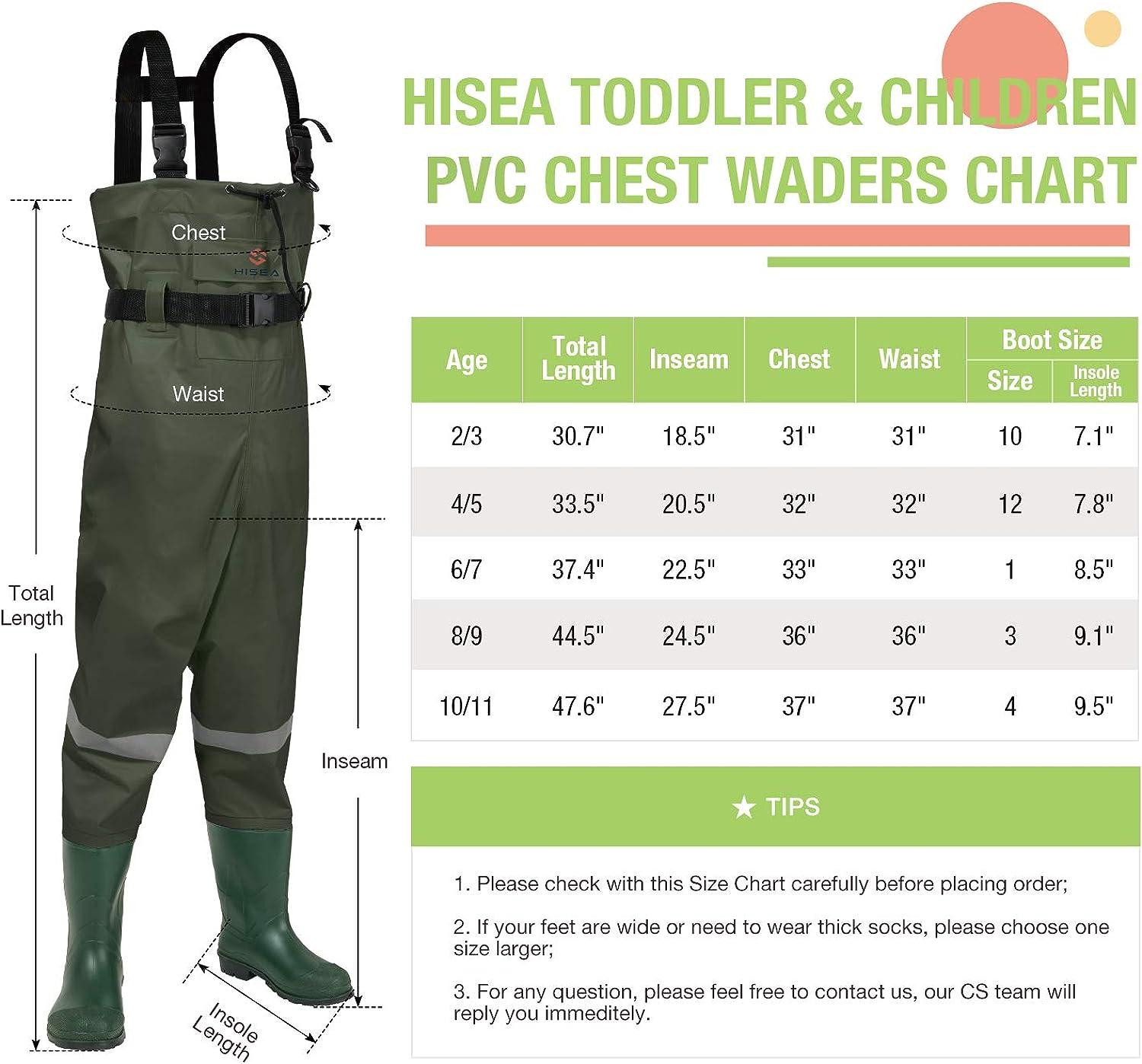 HISEA Kids Chest Waders Youth Fishing Waders for Toddler Children  Waterproof Hunting Waders with Boots & Reflect Safety Band Green 12/13 Big  Kid