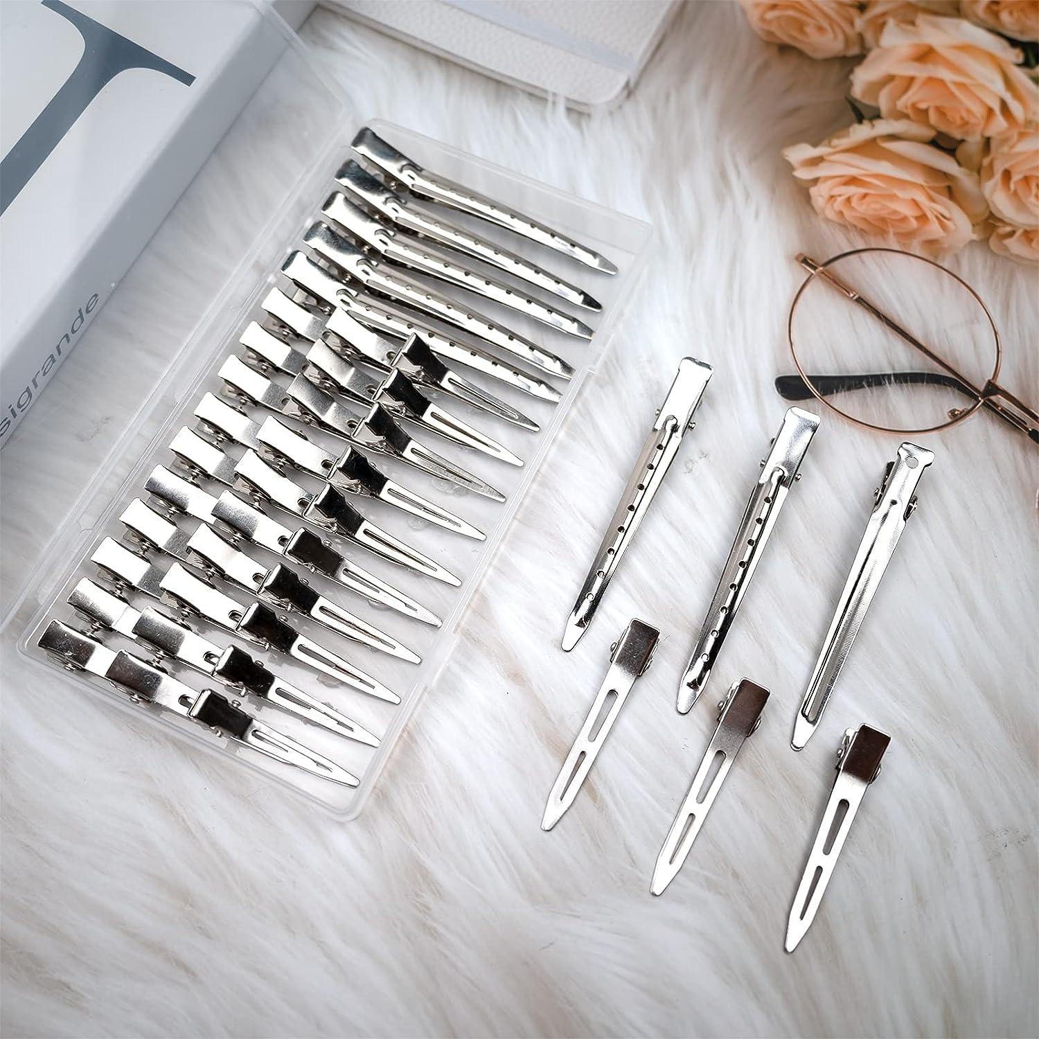 60 Pcs Metal Duck Billed Hair Clips for Women Styling Sectioning, Gingbiss 1.77 inch Silver Hairdressing Single Prong Curl Clips with Storge Box