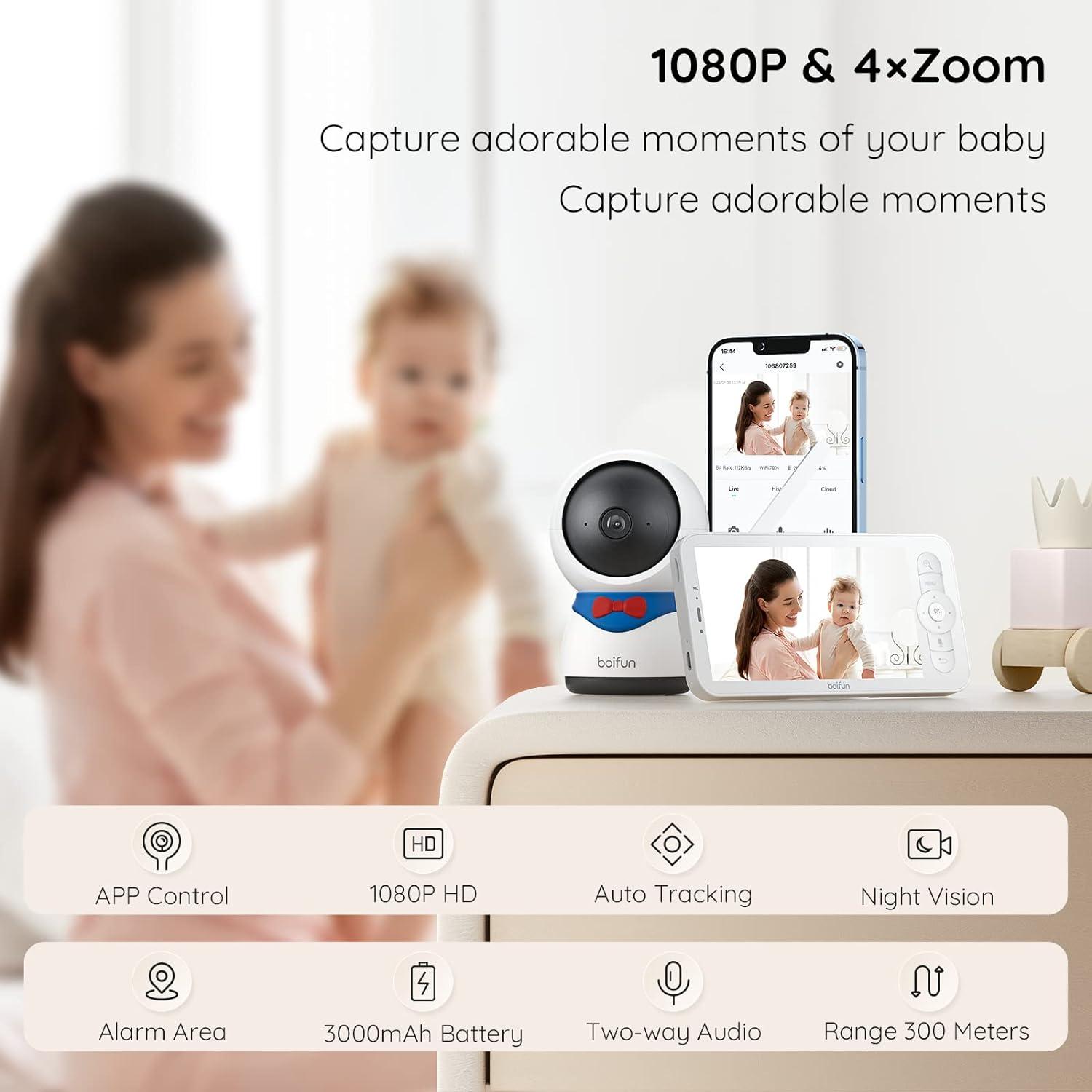 BOIFUN Wifi Video Baby Monitor Camera App & 5'' Screen Control 1080P  Motion&Sound Detect PTZ Auto Tracking Smart Baby Monitor with Night Vision  Two-way Audio Feeding Reminder iOS/Android Phone 1080P Baby Monitor