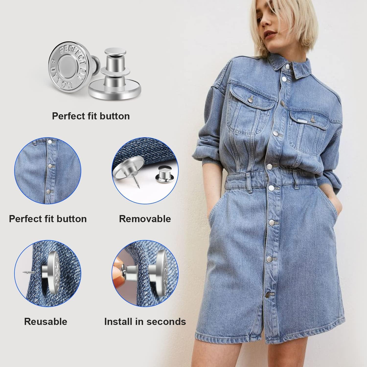 12 Sets Button Pins for Jeans Pants, Adjustable Reusable Jean Buttons Pins  Instant Reduce Loose Jeans, No Sew and No Tools Metal Pants Button  Replacement, Clips Jean Button Tightener