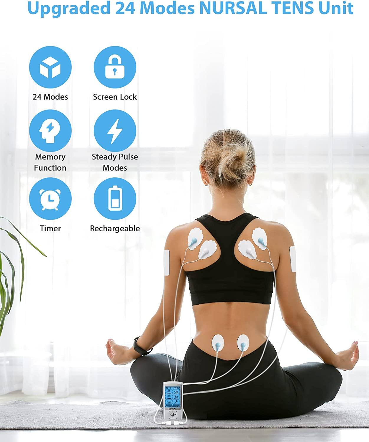  NURSAL TENS Unit with 12pcs Replacement Pads, Muscle Stimulator  Machine for Neck, Back, Sciatica Pain Relief, Rechargeable Electronic Pulse  Massager 24 Modes 20 Intensity : Health & Household