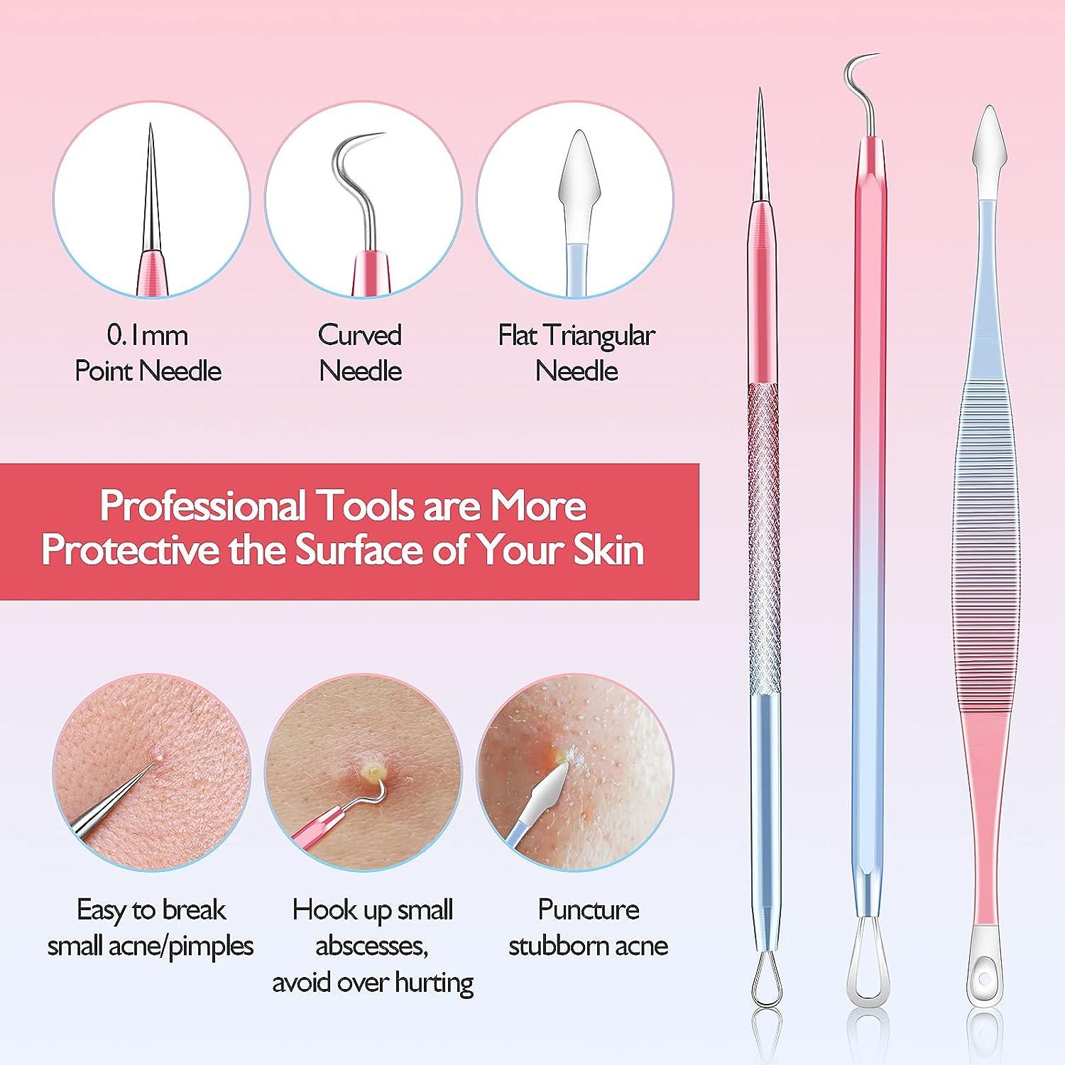 Kresecioo 9 PCS Blackhead Remover Tools, Pimple Popper Tool Kit, Acne Tools  Extractor Kit Professional for Nose Face, Blemish Whitehead Zit Popping Tool  with Portable Leather Bag(Pink)